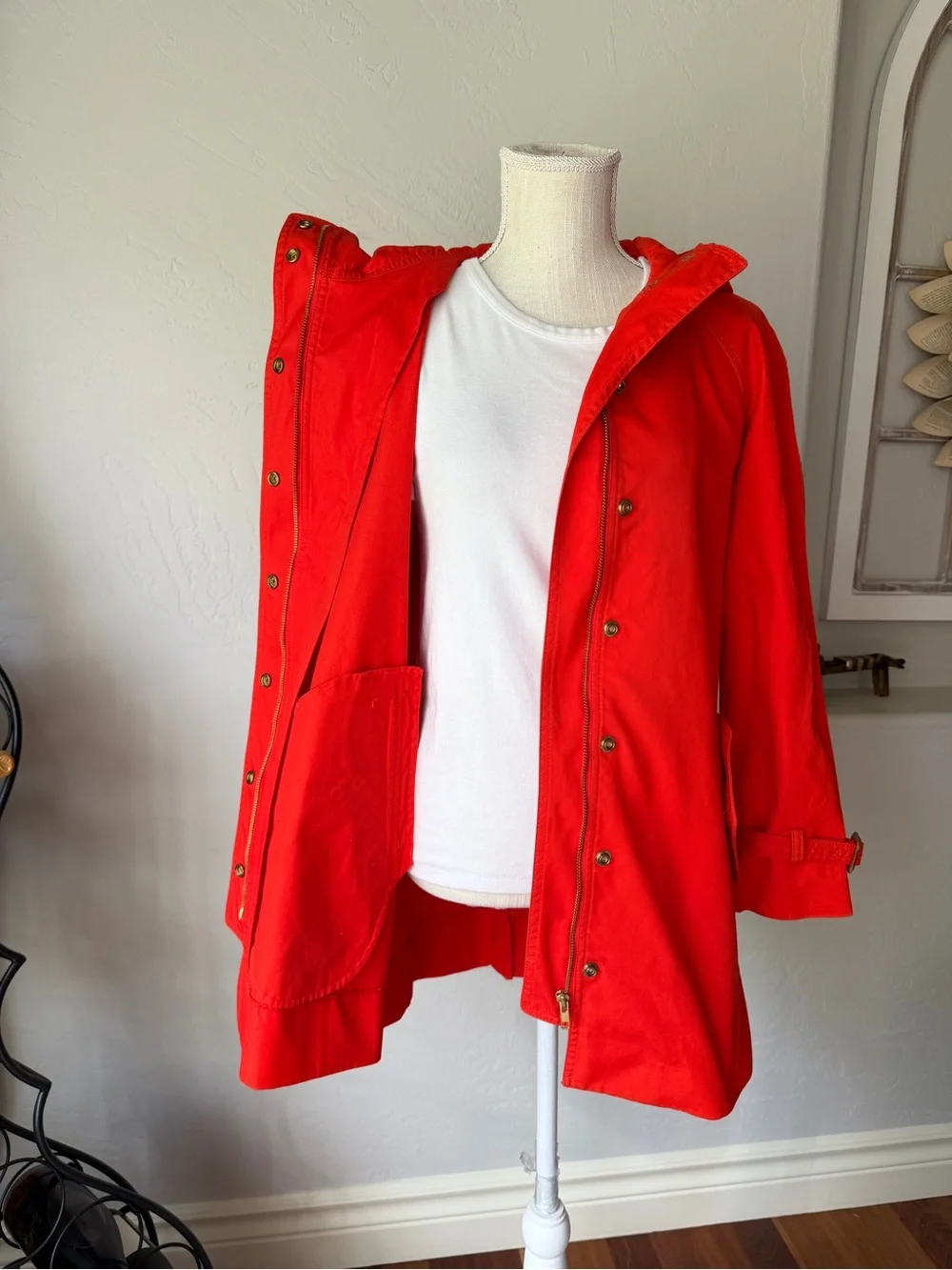 J. Crew Women's Lightweight Bright Red‎ Hooded Trench Coat Size 2